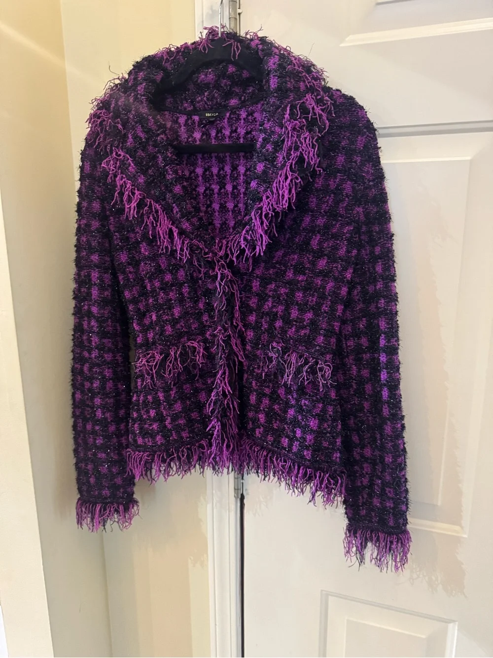 Escada Exclusive Knit & Purple &‎ Black Textured Fringe Cardigan Jacket (38)